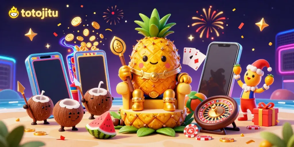 Totojitu offers exciting gaming with a vibrant beach casino scene featuring a pineapple king and colorful slot games.