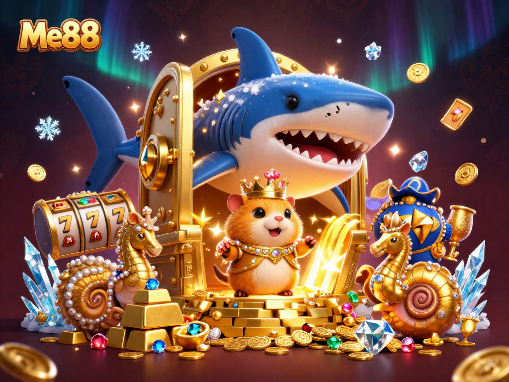 Experience Me88's thrilling casino adventure with our golden hamster king and treasure-filled scene.