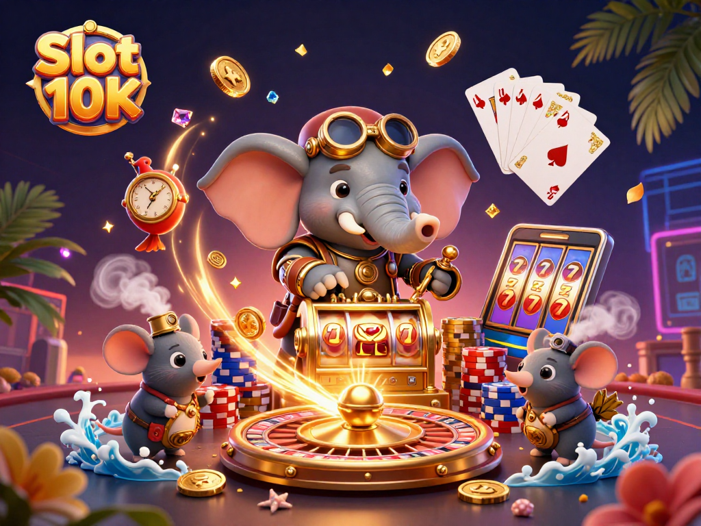 Engage with Slot 10K's vibrant casino world featuring a steampunk elephant at a slot machine.