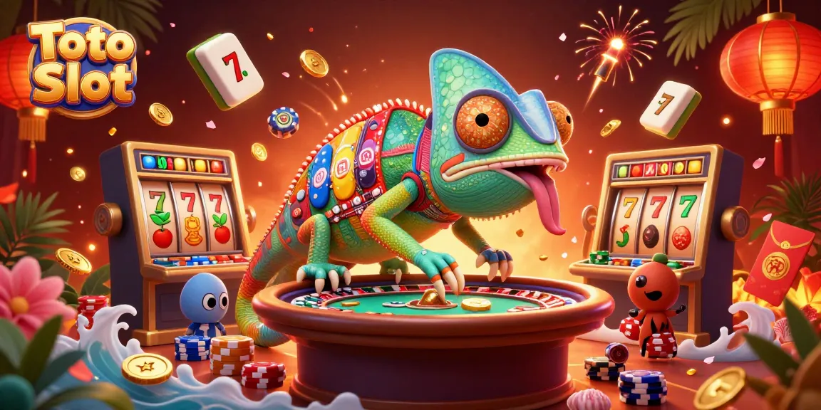 Toto Slot features an energetic chameleon casino owner amidst vibrant game elements.
