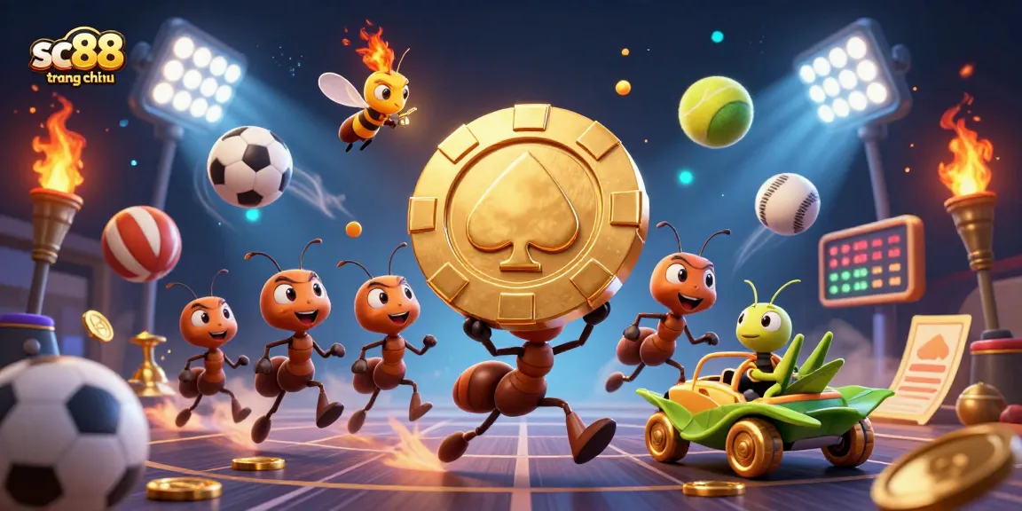 Experience thrilling gameplay on sc88 trang chủ while 3D ants carry a giant poker chip amidst playful sports elements.