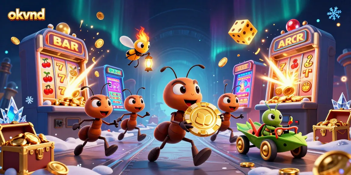 Experience the excitement of okvnd as cartoon ants carry a massive poker chip amid colorful casino elements.