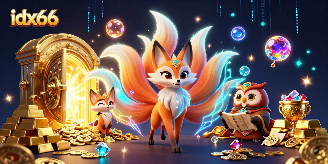Permainan slot idx66 menampilkan keberuntungan melalui karakter animasi dan kekayaan emas yang mencolok.
