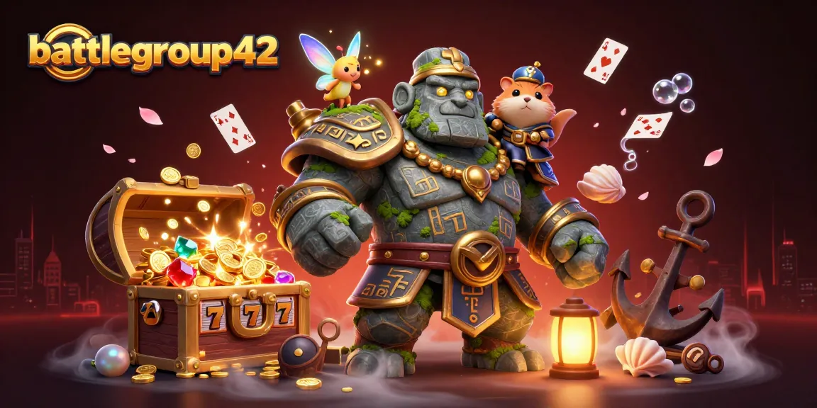 battlegroup42 showcases a vibrant 3D scene with a magical golem, fairy, and hamster knight in a casino setting.