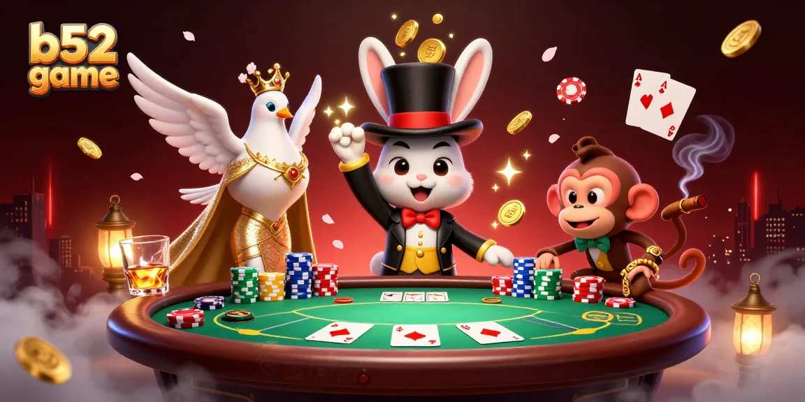 Experience the excitement of b52 game with a magician rabbit, dove, and monkey amidst poker chips and cards.