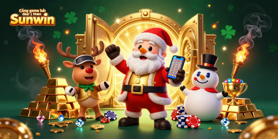 Engage with Cổng game bài đổi thưởng Sunwin featuring a festive casino theme with characters and jackpot elements.
