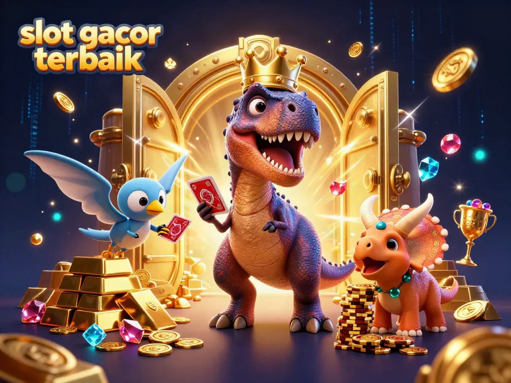 Menangkan slot gacor terbaik dengan ilustrasi karakter kartun 3D yang menarik dan dikelilingi harta karun emas.