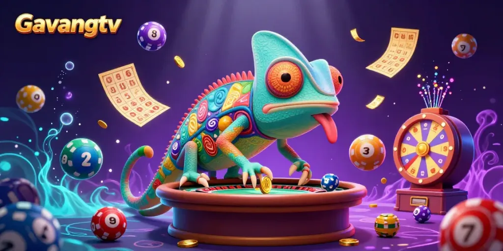 Experience winning moments with Gavangtv's chameleon casino owner amidst colorful lottery balls.