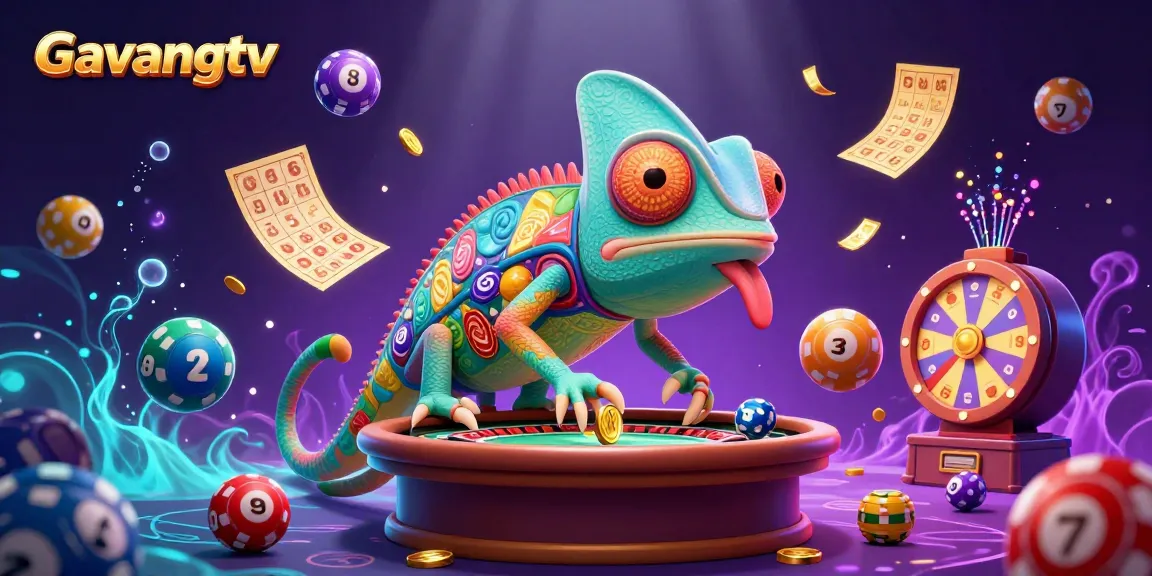 Experience winning moments with Gavangtv's chameleon casino owner amidst colorful lottery balls.