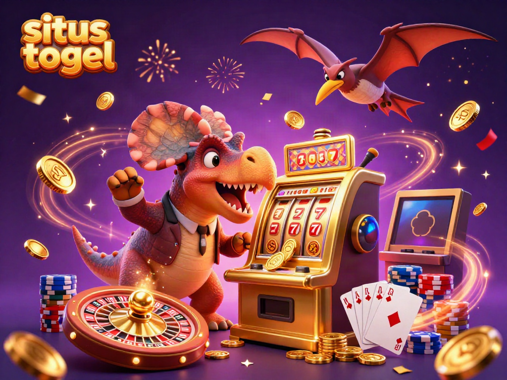 Experience situs togel excitement with a lively scene of dinosaurs winning at a colorful casino.