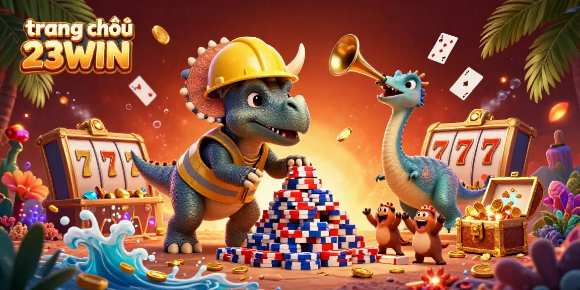 trang chủ 23WIN features vibrant 3D dinosaur characters celebrating wins among poker chips and colorful treasures.