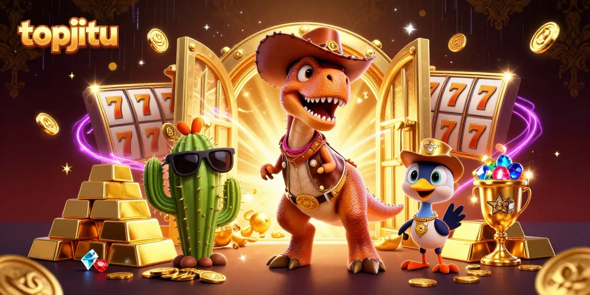 Engage in thrilling games at topjitu, featuring a colorful 3D casino-themed scene with a T-Rex and slot reels.