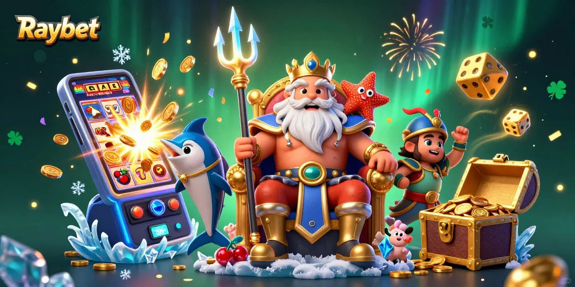 Raybet's dynamic casino adventure featuring a cartoon Neptune surrounded by 3D slot machines and treasures.