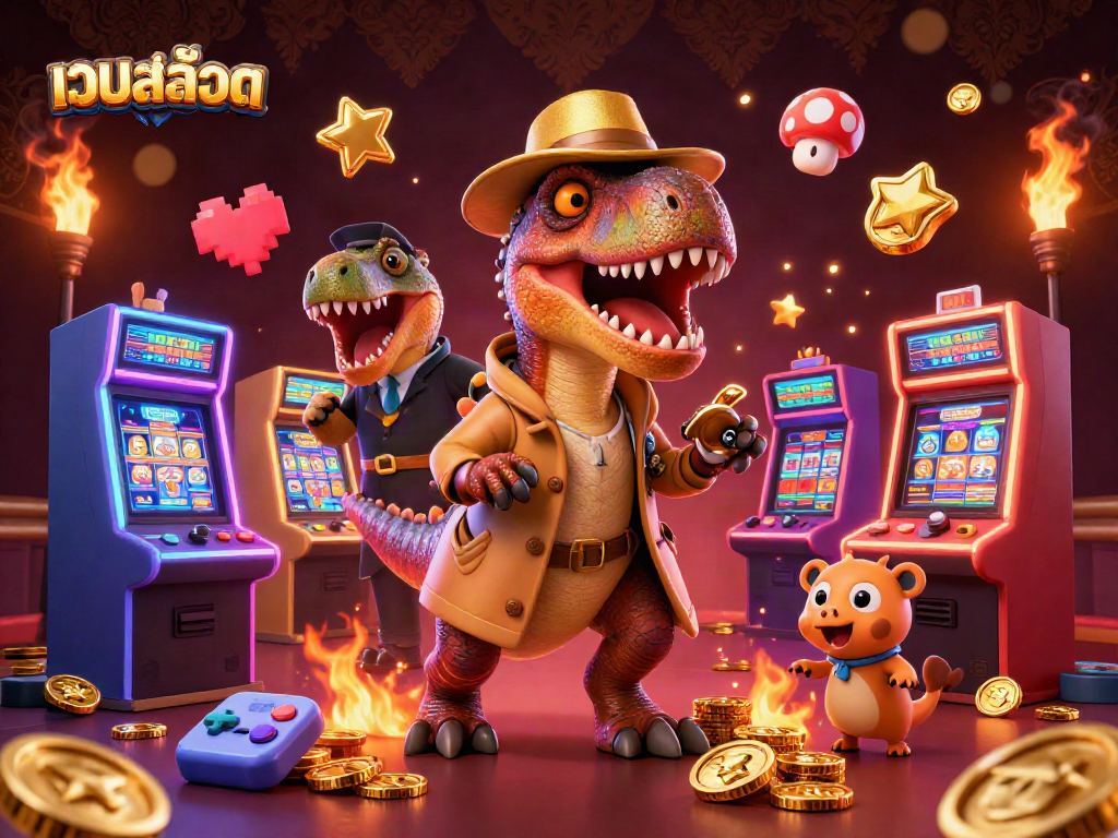 Play เว็บสล็อต with a card counting velociraptor and slot machine action in a vibrant casino scene.