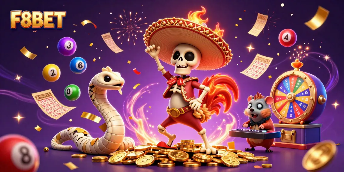 Experience festive gaming excitement with F8BET as a mariachi rooster celebrates amidst colorful casino elements.