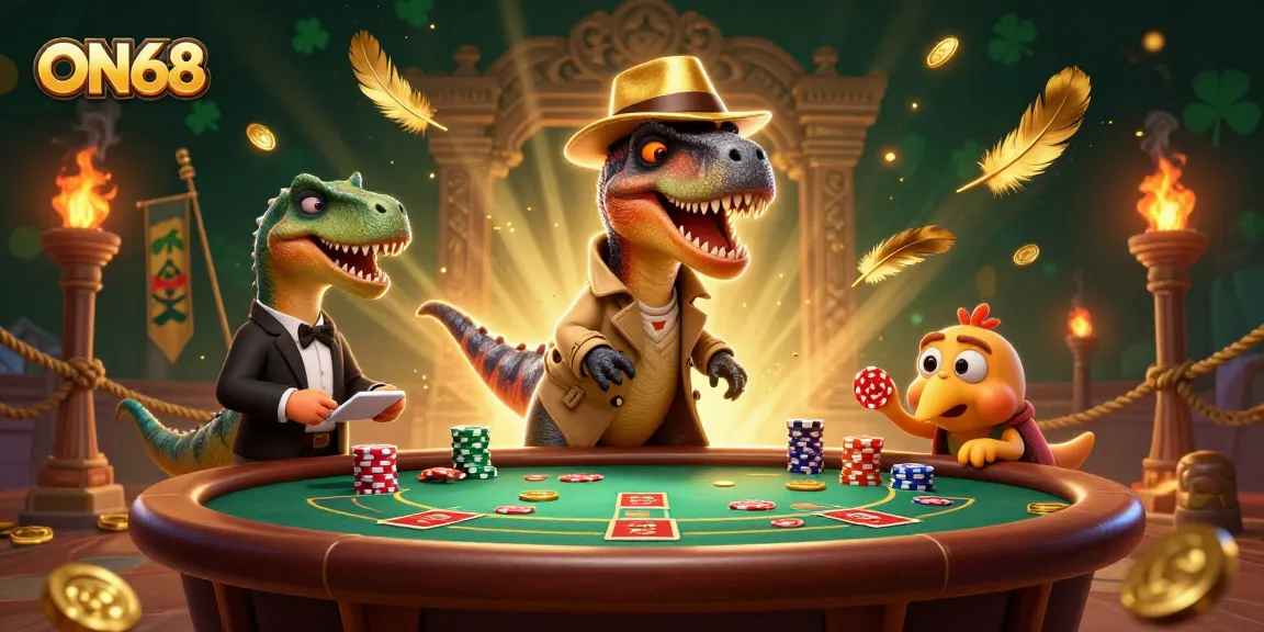 Watch the ON68 velociraptor card counter strategically sneaking chips at a blackjack table surrounded by casino elements.