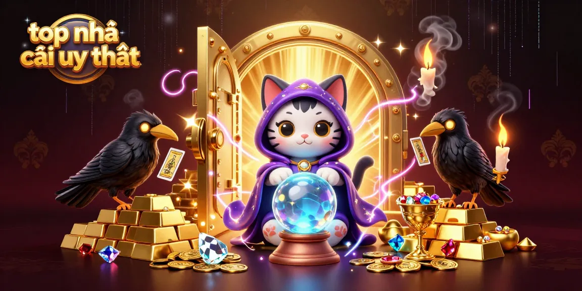 Engage in top nhà cái uy tín action with a mystical cat and glowing raven in a vibrant casino setting.