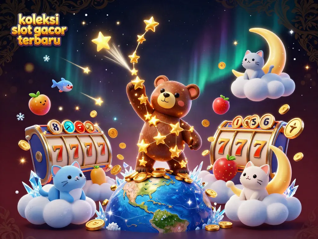 Koleksi slot gacor terbaru dengan simbol keberuntungan yang menarik dan koin berkilauan melambung dalam ilustrasi dinamis 3D.