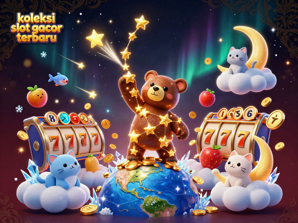 Koleksi slot gacor terbaru dengan simbol keberuntungan yang menarik dan koin berkilauan melambung dalam ilustrasi dinamis 3D.