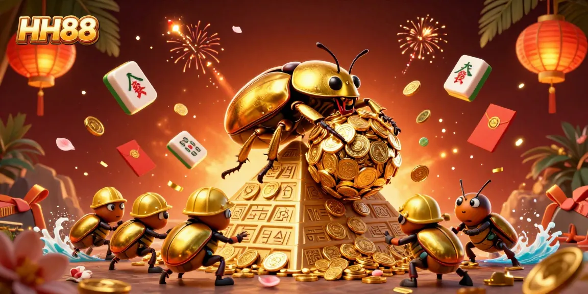 Spin and win with HH88 as a golden beetle rolls coins uphill, creating winning opportunities.
