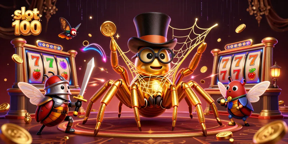 Engage in strategy with slot bet 100, featuring a golden tarantula and beetle knight in a vibrant casino scene.