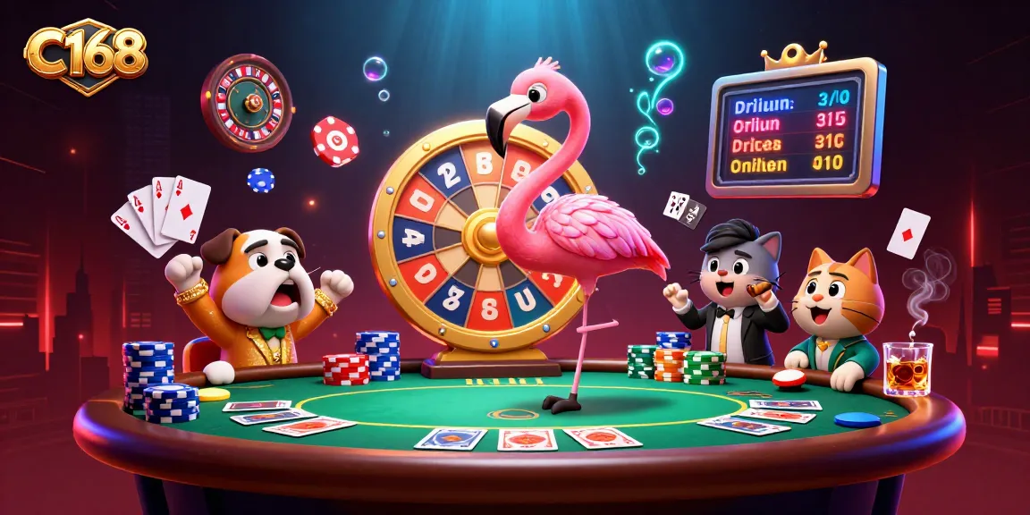 Experience thrilling moments at C168 with a vibrant scene showcasing a game show host, bulldog contestant, and exciting prizes.
