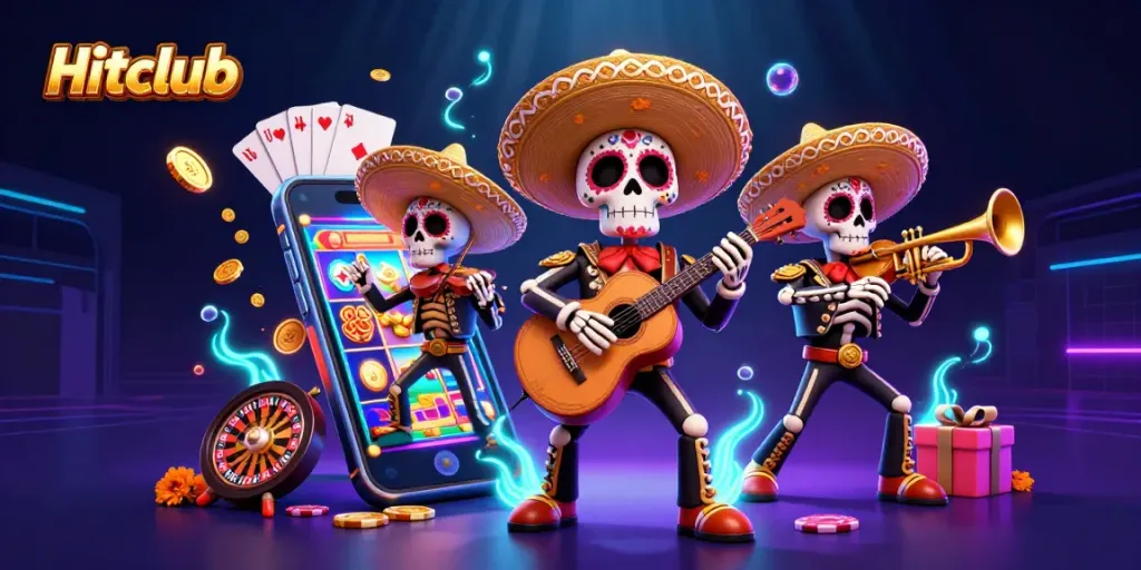 Hitclub players engage with colorful slot games amidst dynamic mariachi characters.