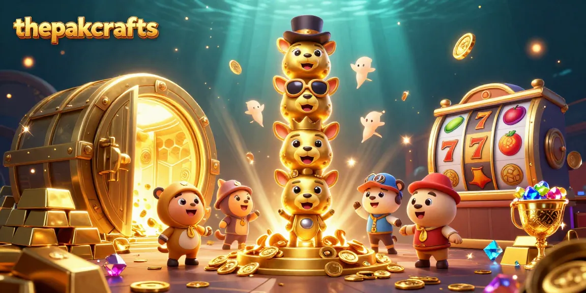 Thepakcrafts showcases vibrant casino excitement with gold treasures, slot reels, and a cartoon totem.
