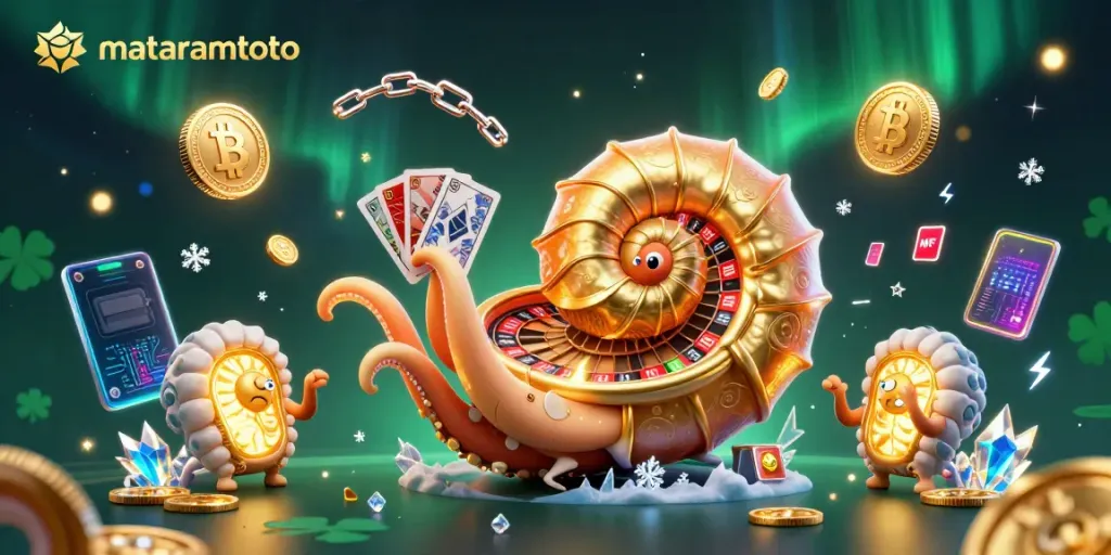 Experience thrilling gameplay with mataramtoto, featuring an ancient nautilus roulette wheel surrounded by vibrant crypto coins.