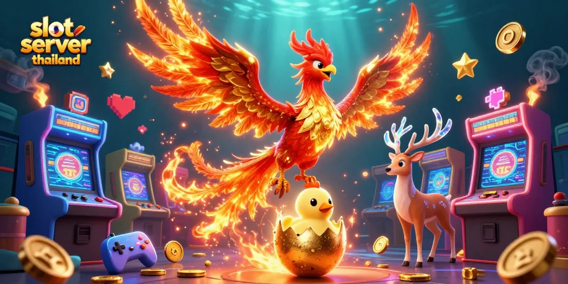 Explore slot server thailand with vibrant 3D characters, arcade machines, and gold coins in action.