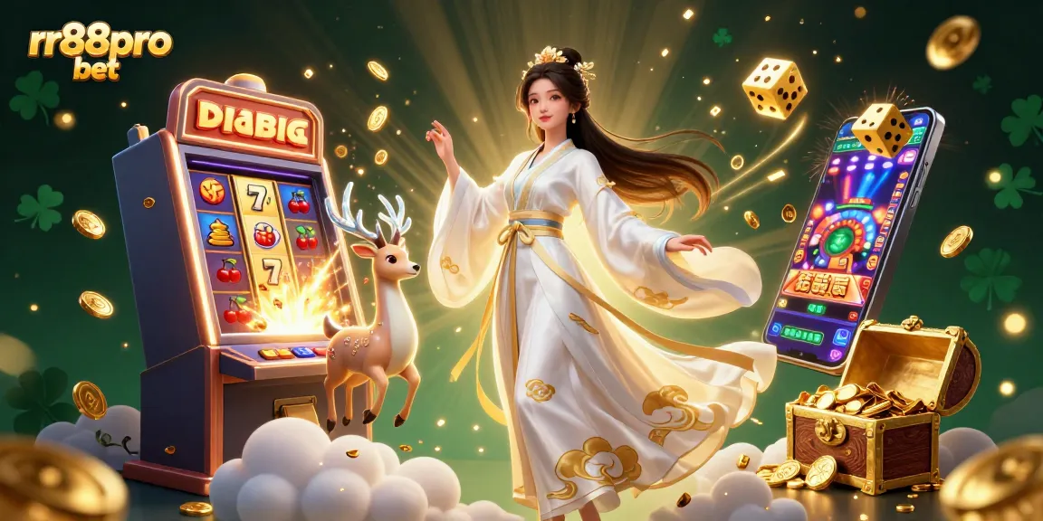 Play thrilling games at rr88pro bet with stunning 3D illustration of an Asian woman in a hanfu amidst casino elements.