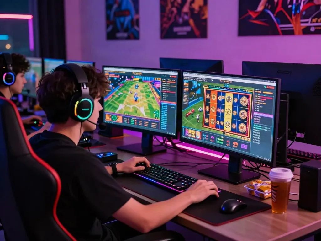 Engaged gamer using the ALO8 platform for an immersive online gaming experience with vibrant displays.