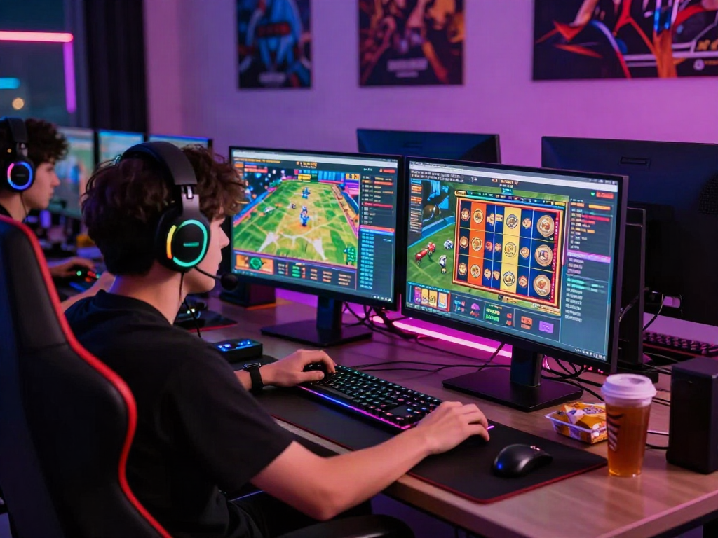 Engaged gamer using the ALO8 platform for an immersive online gaming experience with vibrant displays.