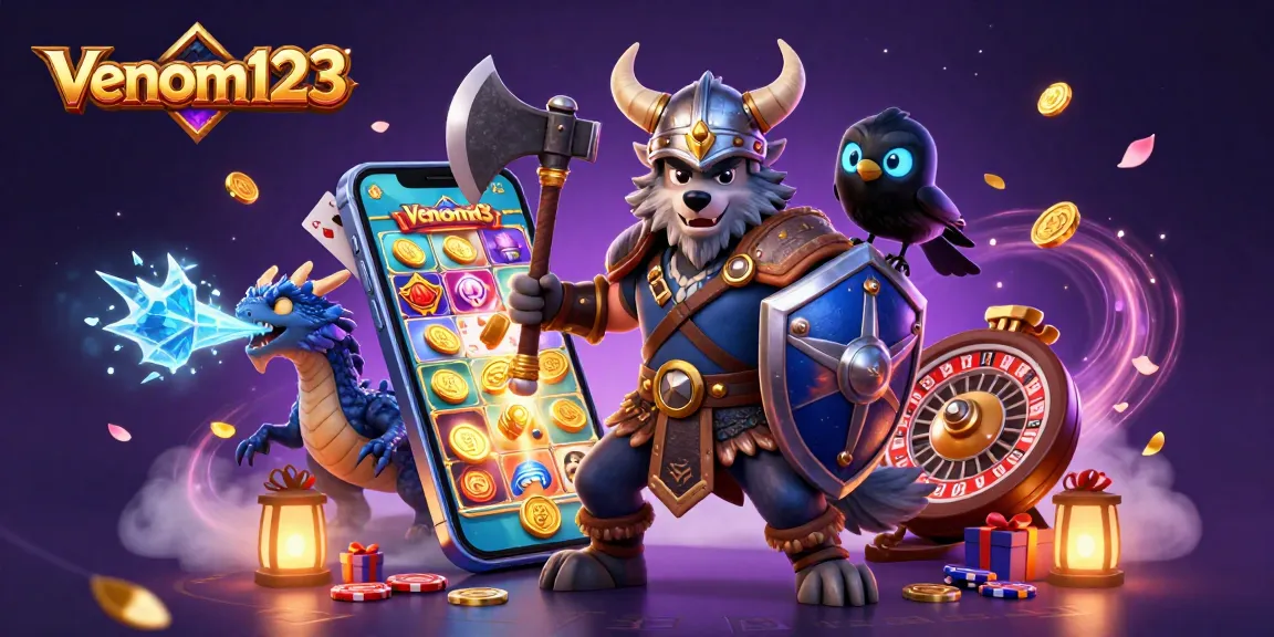 Menang dengan venom123 di permainan slot online, dikelilingi karakter keren dan elemen permainan.