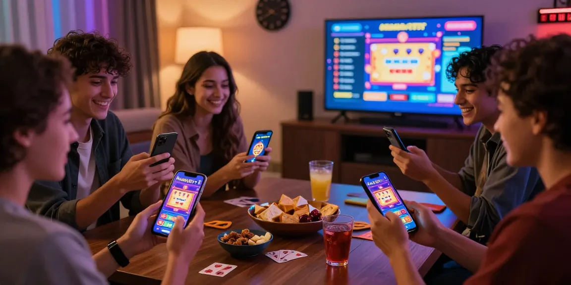 Group of friends enjoying Alano Dt 5 app on smartphones with leaderboard display, creating a lively gaming atmosphere.