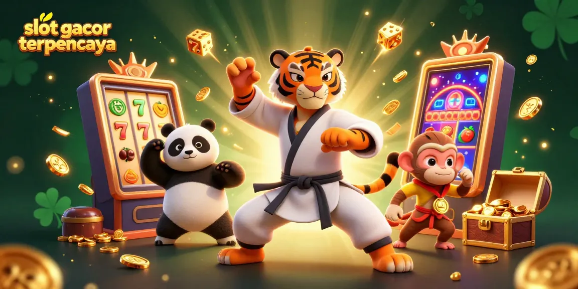 Slot gacor terpercaya dalam ilustrasi 3D menampilkan karakter kartun dan elemen permainan kasino.