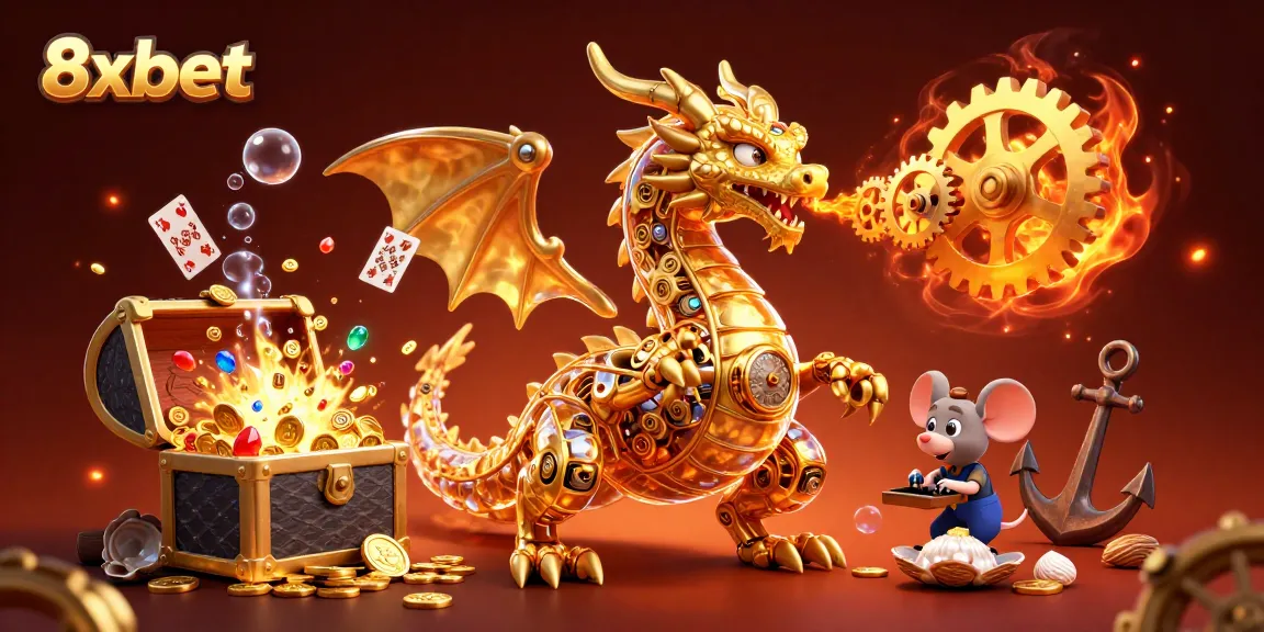 Engage in captivating gameplay at 8xbet, featuring a golden dragon and underwater treasures.