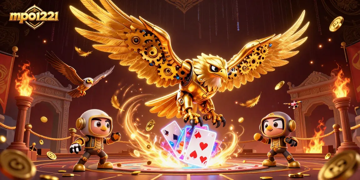 Permainan menarik mpo1221 dengan elang emas cybernetik dan kartu bermain holografik.