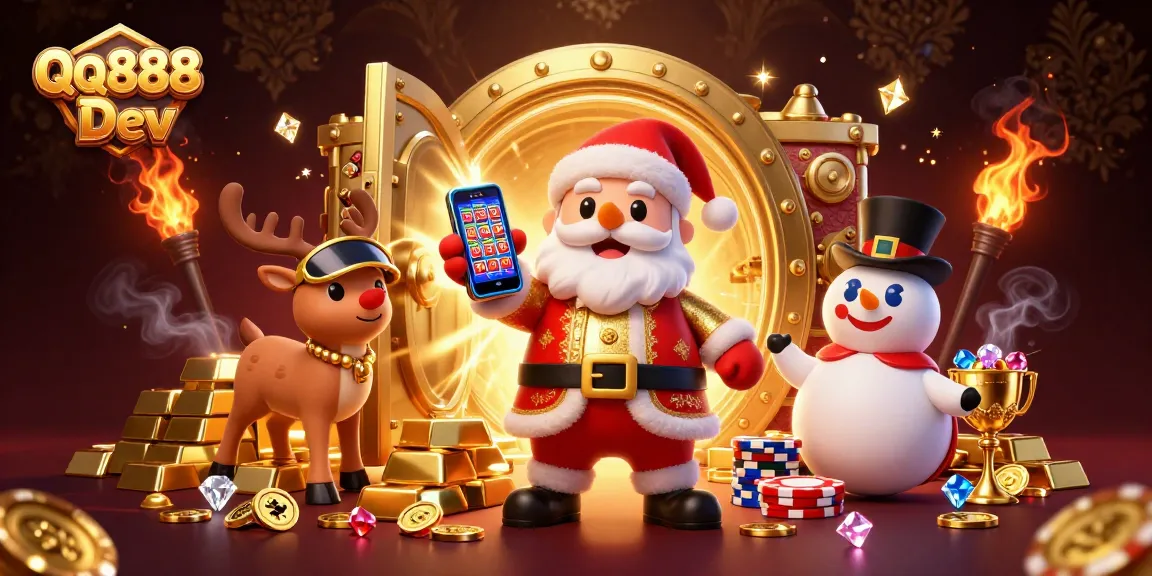 Win big with QQ888 Dev: Santa Claus and friends enjoy a vibrant casino scene filled with treasures.