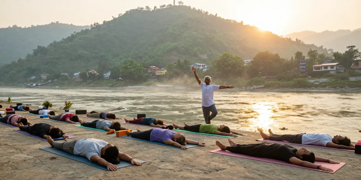 Yoga teacher training in Rishikesh India with students practicing by the Ganges River at sunrise.