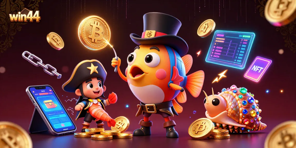 Win44 engages players with an immersive underwater casino experience featuring sparkling coins and gaming action.
