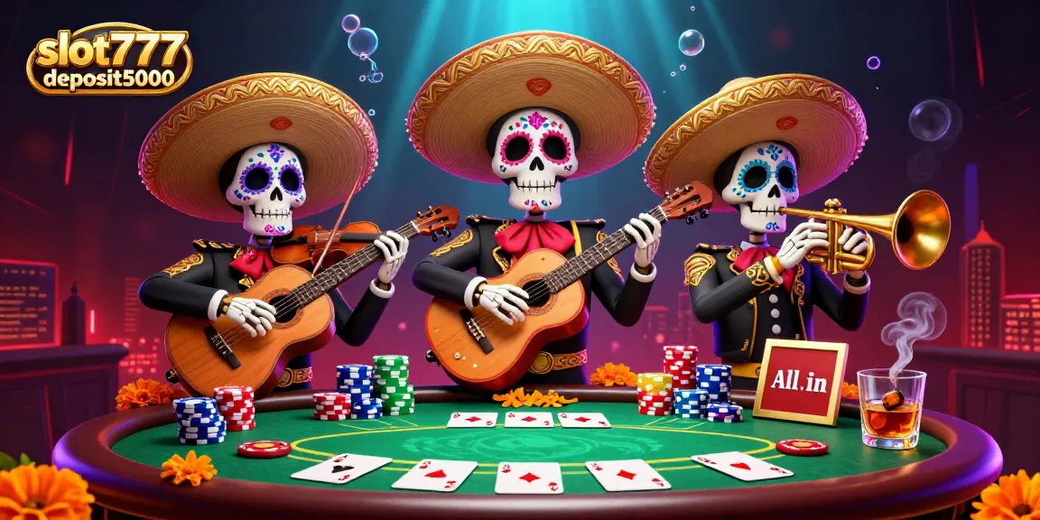 Engage in excitement at slot777deposit5000 with the Dia de los Muertos mariachi band playing amidst competitive poker elements.