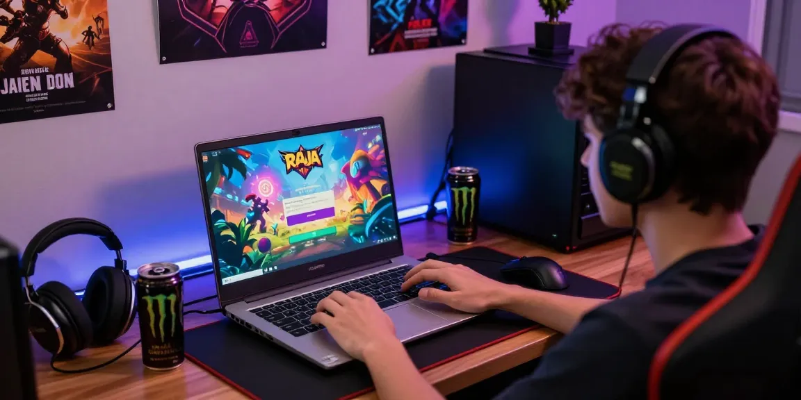 Engaged gamer using Raja Game login on laptop in a vibrant, cozy room.