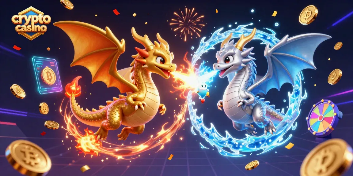 Engage with an exciting crypto casino scene featuring vibrant dragons, Bitcoin coins, and dynamic lottery elements.